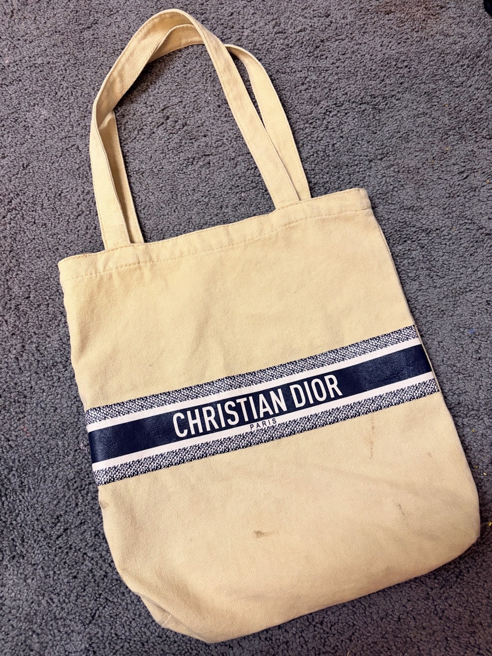 Dior Beige Canvas Messenger Tote with Navy Logo Stripe